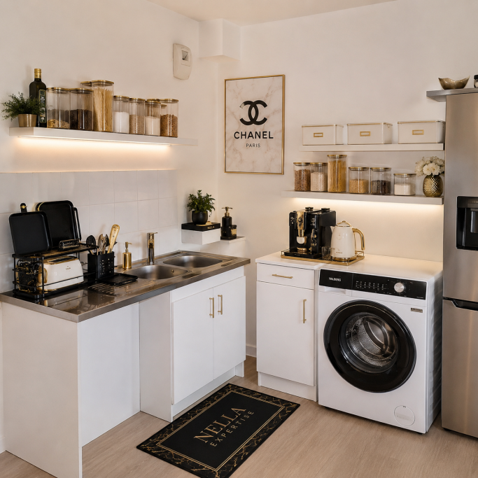 Cuisine moderne et optimisée avec ambiance chaleureuse.
