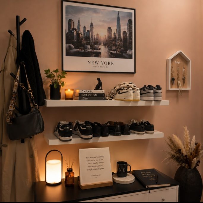 Inspiration d'entrée chaleureuse avec ambiance New York et rangement muraux élégants.