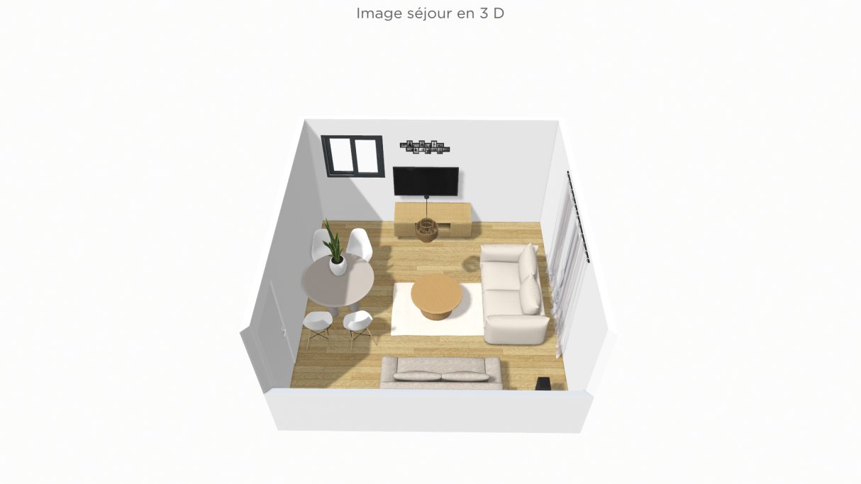 Vue 3D d'un séjour moderne et chaleureux conçu sur HomeByMe pour optimiser l'expérience l'harmonie de l'espace